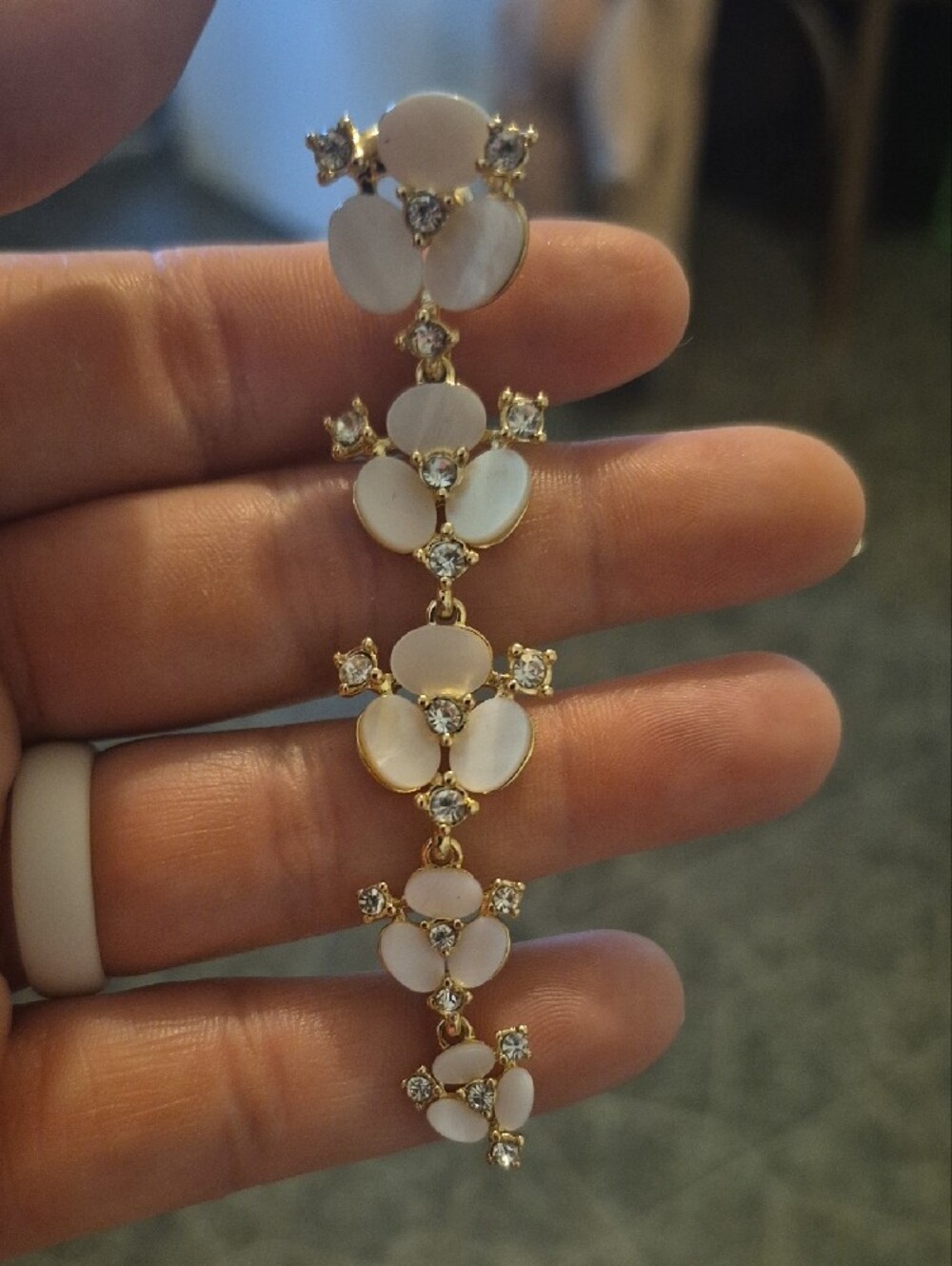 Gold and White Floral Drop Earrings - Women Jewelry - Picture 2 of 3
